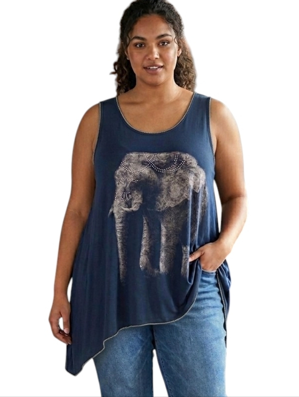 Vintage Elephant Graphic Tank Top Women XL Asymmetric Oversized Indie